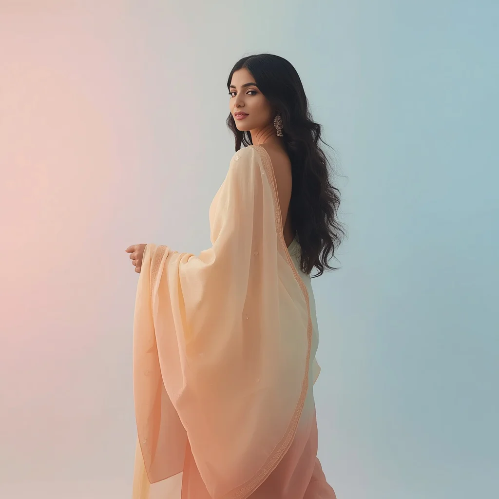 Ethereal Indian Woman in a Soft Pastel Saree Looking Over Shoulder — AI image prompt