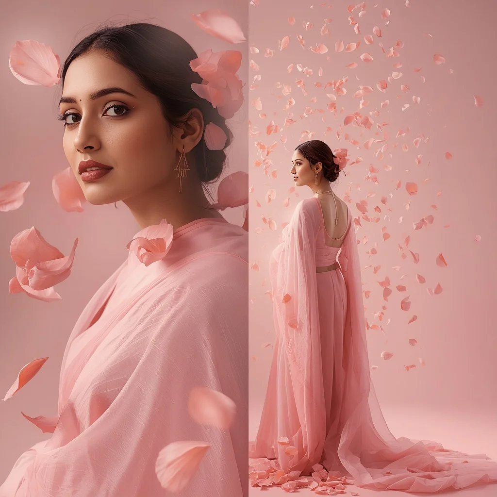 Floral Cascade: An Indian Woman's Blooming Life in Petal Showers — AI image prompt