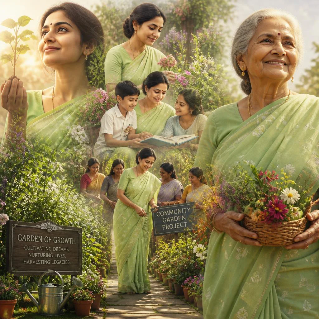 Garden of Growth: An Indian Woman's Life of Cultivation and Flourishing — AI image prompt