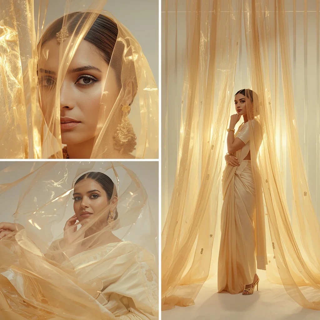 Golden Veils: An Indian Woman's Life in Shifting Light Curtains — AI image prompt