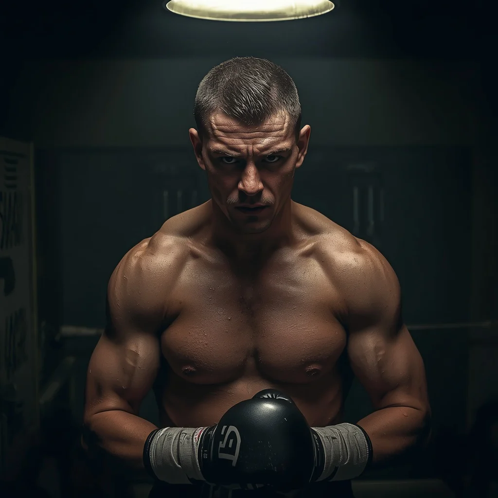 Gritty Boxer's Intense Moment Before the Fight — AI image prompt