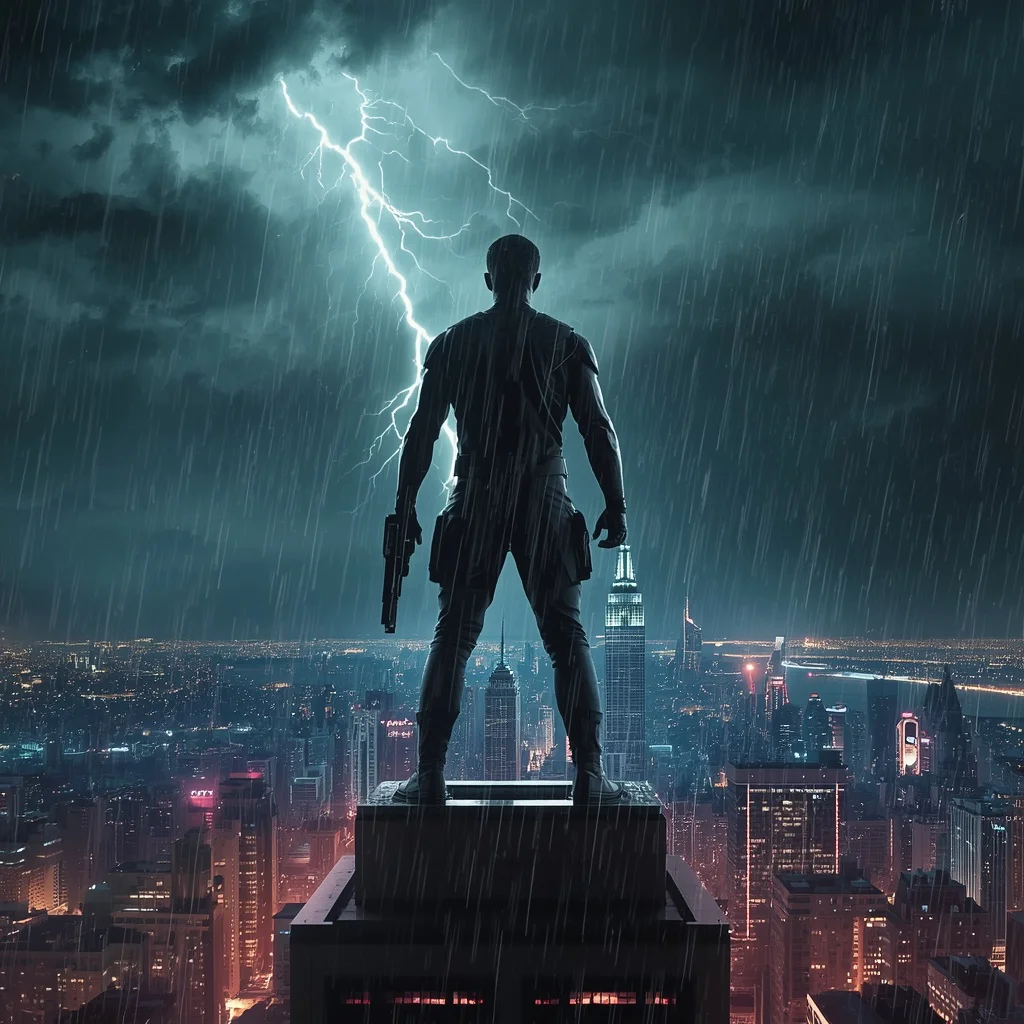 Heroic Urban Vigilante Under a Gritty Neon Sky — AI image prompt