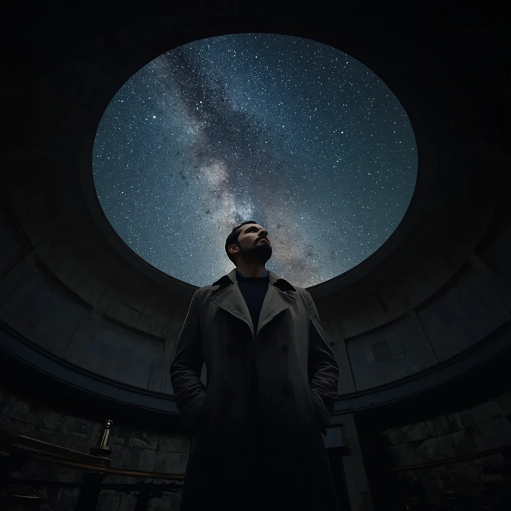 Man Gazing at a Starry Sky from an Ancient Observatory — AI image prompt