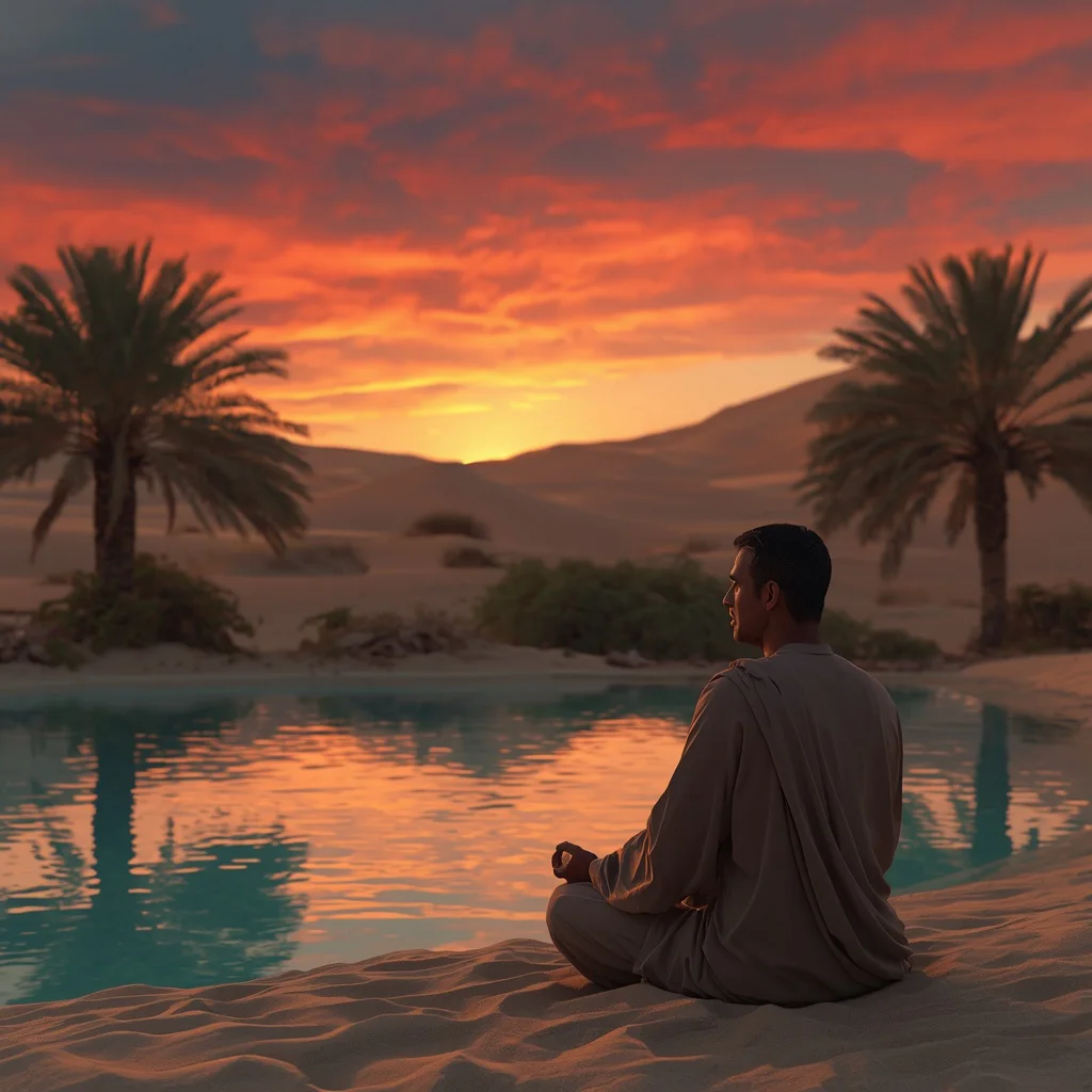 Man Meditating by a Serene Desert Oasis at Sunset — AI image prompt