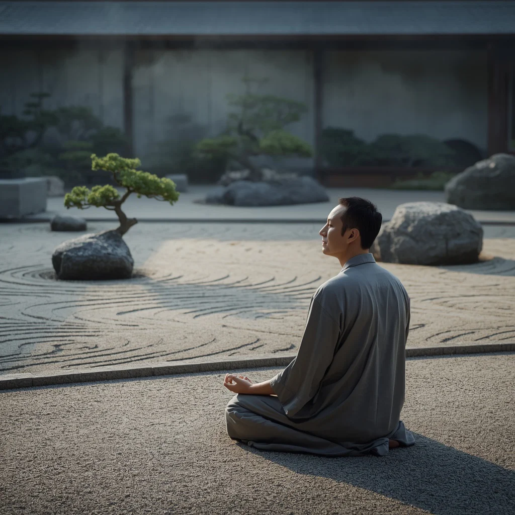 Man Meditating by a Tranquil Japanese Zen Garden at Dawn — AI image prompt