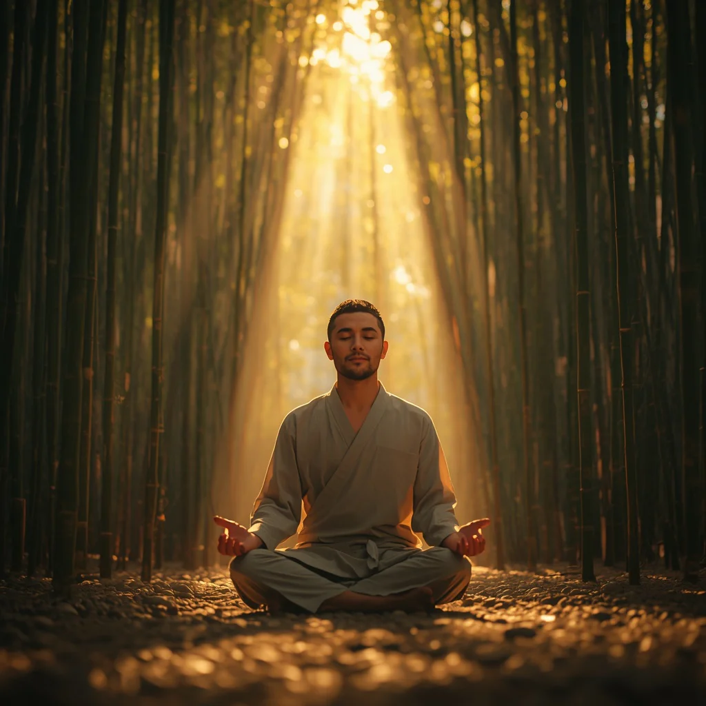 Man Meditating in a Sun-Drenched Bamboo Forest — AI image prompt