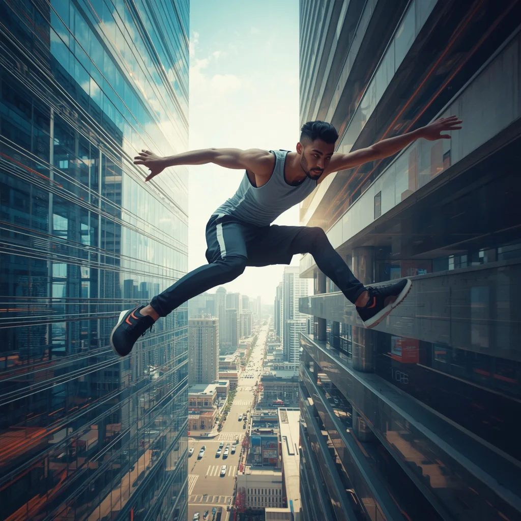 Man Performing Parkour in a Dynamic Urban Landscape — AI image prompt