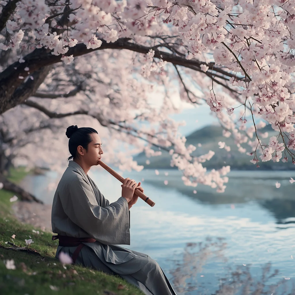 Man Playing Flute by a Riverside Under a Cherry Blossom Tree — AI image prompt
