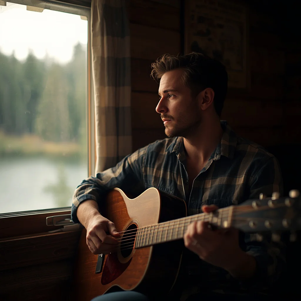 Man Playing Guitar by a Window in a Rustic Cabin — AI image prompt