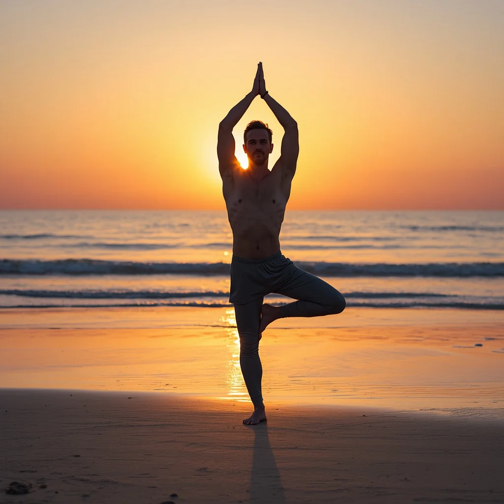 Man Practicing Yoga on a Beach at Sunrise with Serene Expression — AI image prompt