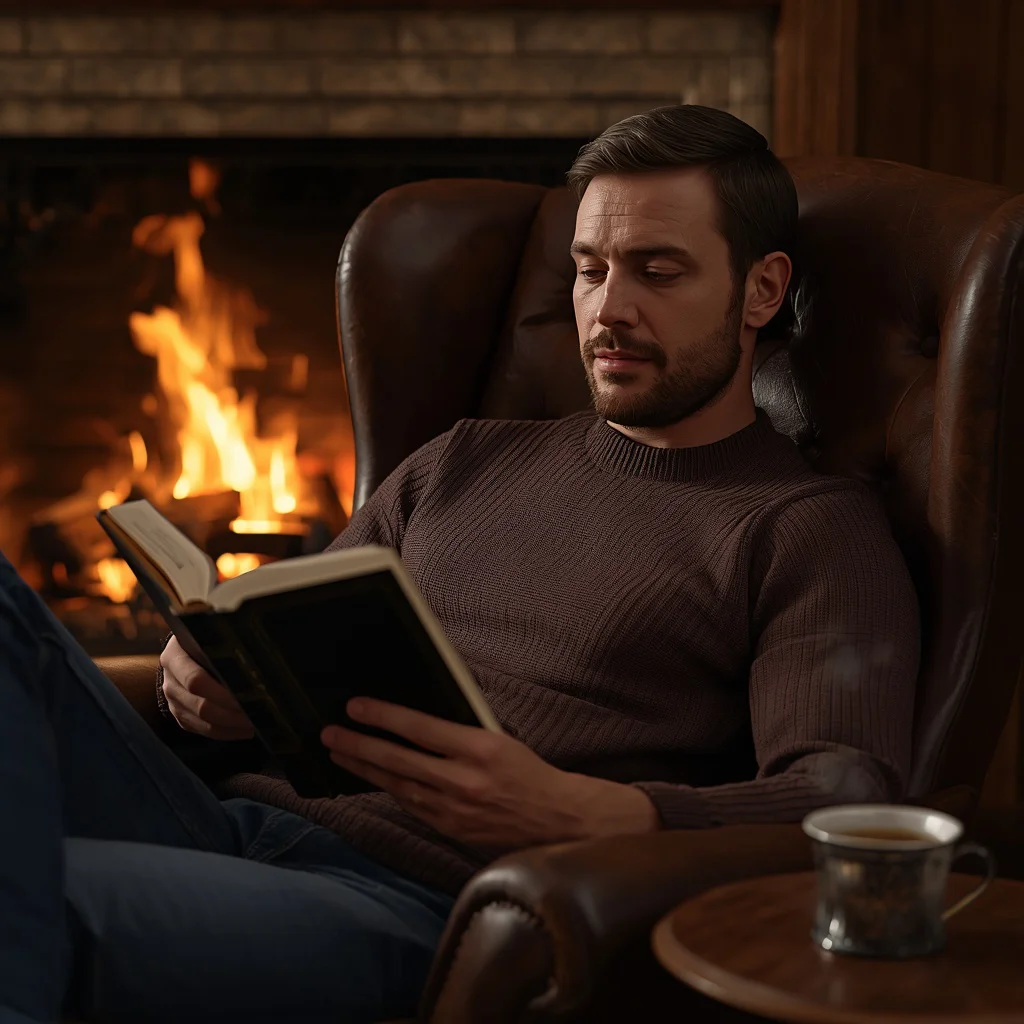 Man Reading a Book in a Cozy Leather Armchair by Fireplace — AI image prompt