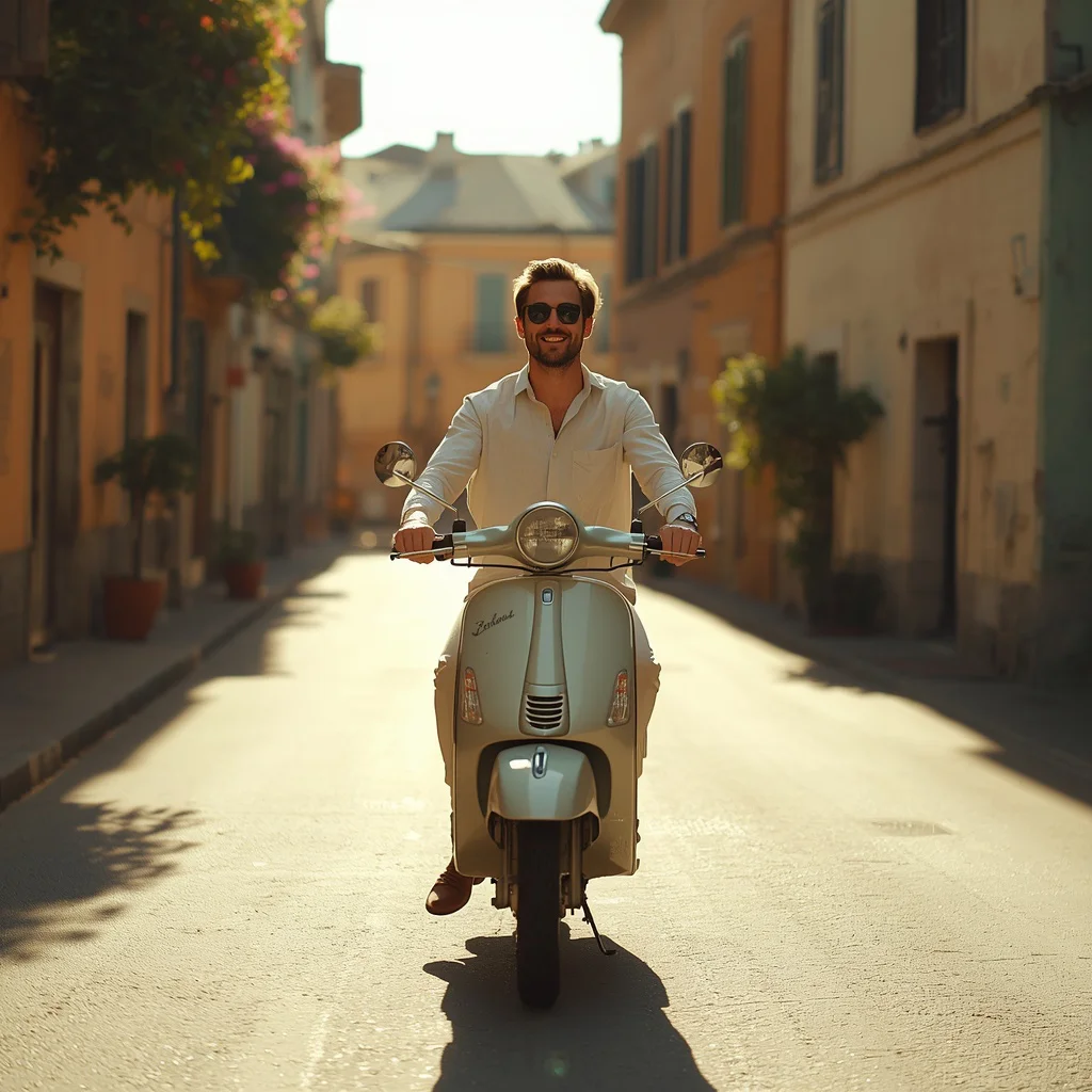 Man Riding a Vespa Through a Picturesque Italian Village — AI image prompt