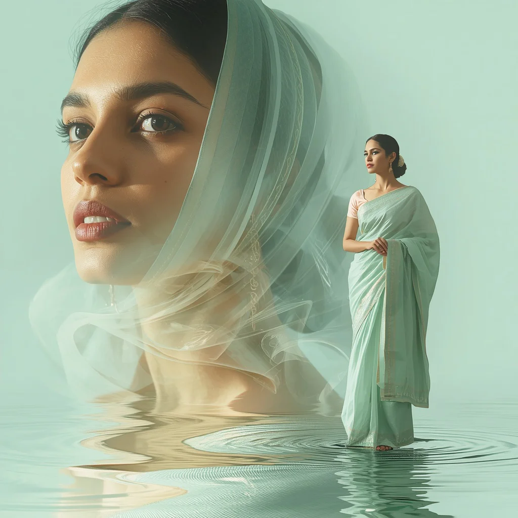 Mirror of Ages: An Indian Woman's Reflections in Shimmering Water — AI image prompt