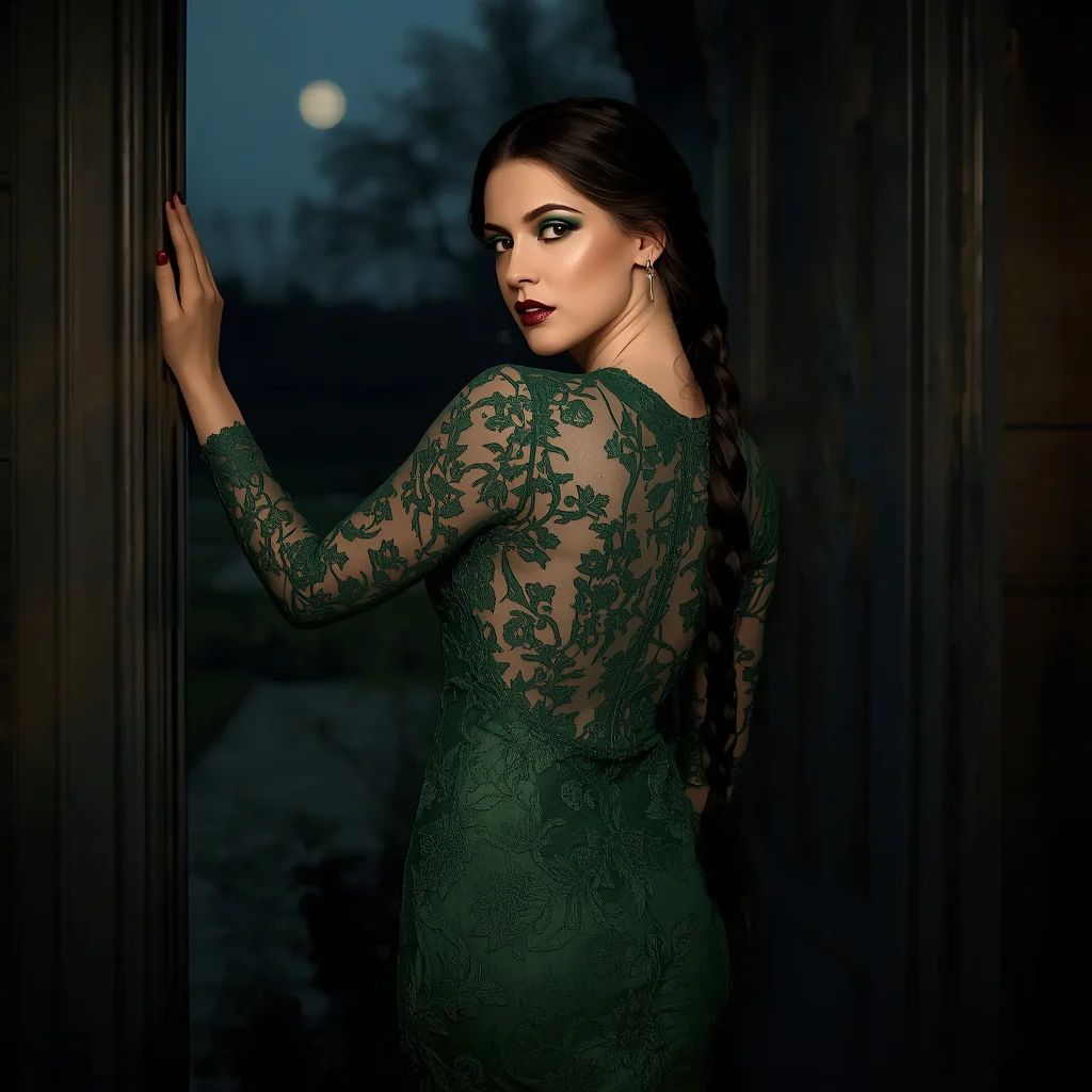 Mysterious Allure in a Deep Green Lace Gown — AI image prompt