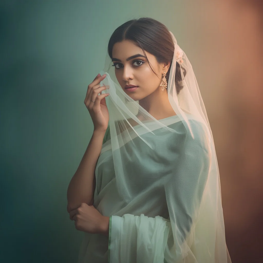 Mysterious Indian Woman with Veil Covering Face in a Sheer Pastel Saree — AI image prompt