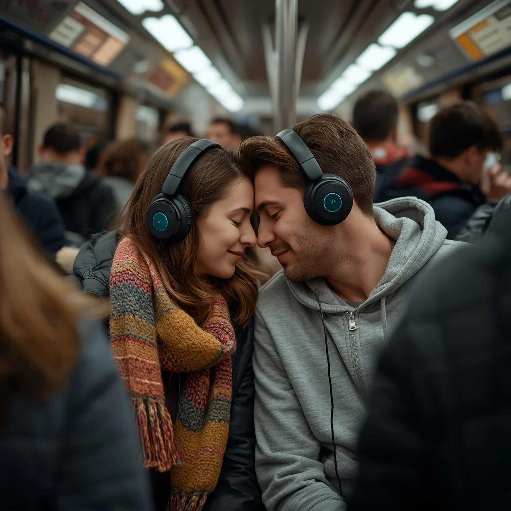 Romantic Couple Sharing Headphones on a Subway Train — AI image prompt