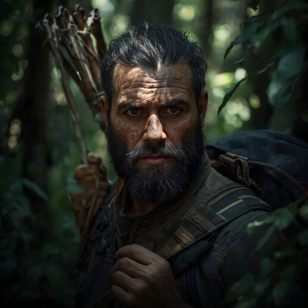 Rugged Survivalist's Vigilant Stare in the Wilderness — AI image prompt