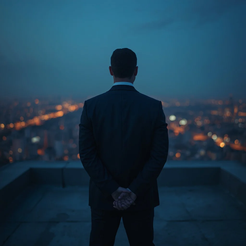 Serious Businessman's Contemplative Moment on a Rooftop — AI image prompt
