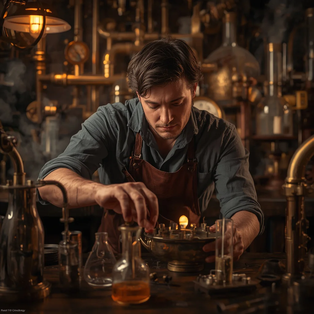 The Alchemist's Apprentice: Focused Male in a Steampunk Lab — AI image prompt