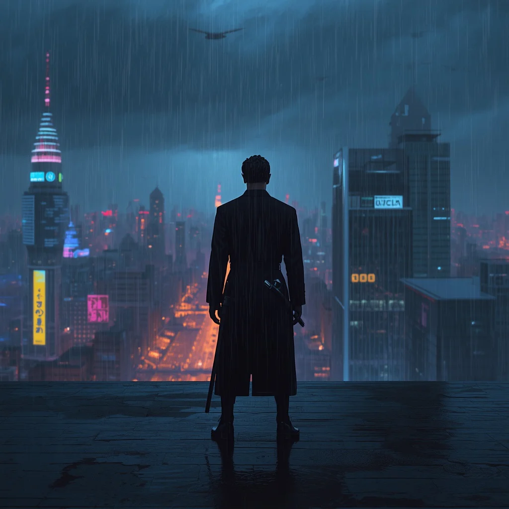 The Lone Urban Samurai's Reflective Cityscape Journey — AI image prompt