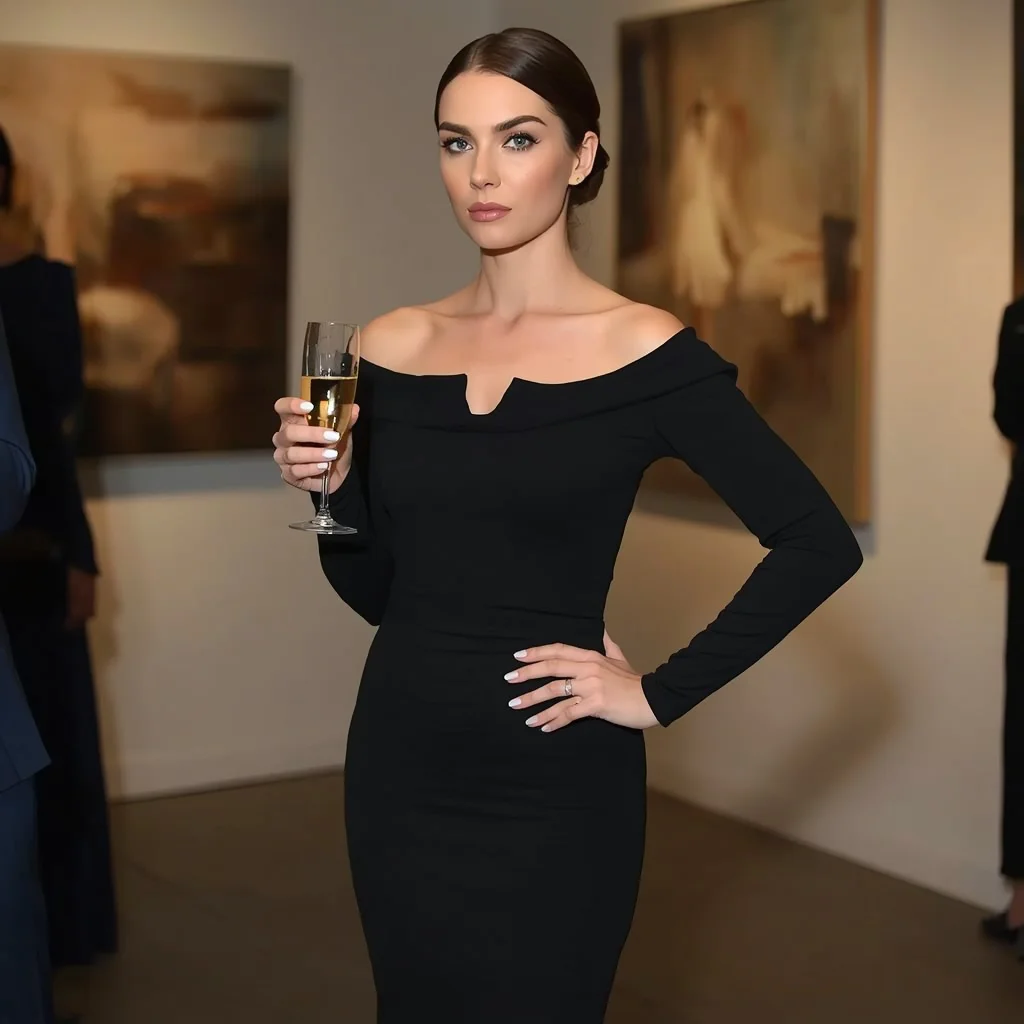 Understated Luxury in a Black Off-Shoulder Midi Dress — AI image prompt