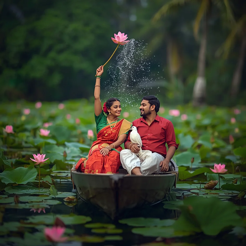 Vibrant Romantic Portrait of a Couple on a Lotus Pond — AI image prompt